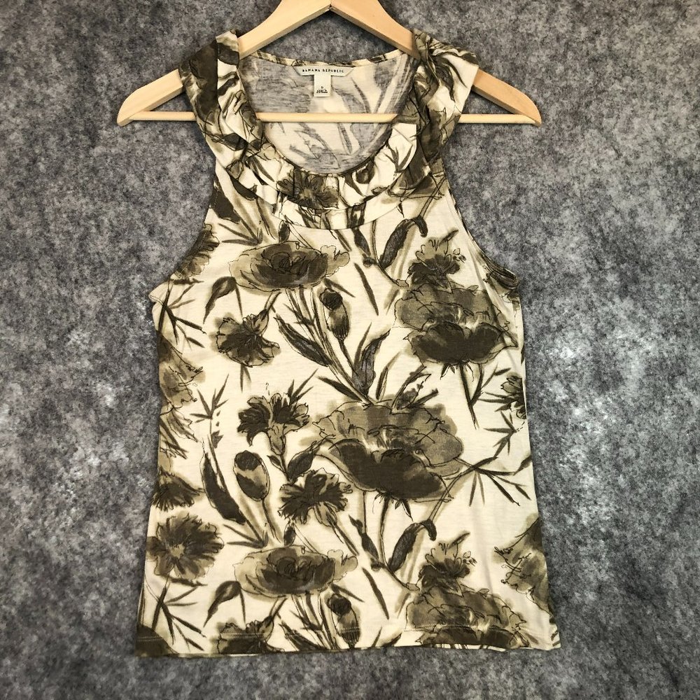 Banana Republic Top Size S Womens Watercolor Floral Ruffled Neckline Sleeveless - Picture 1 of 8